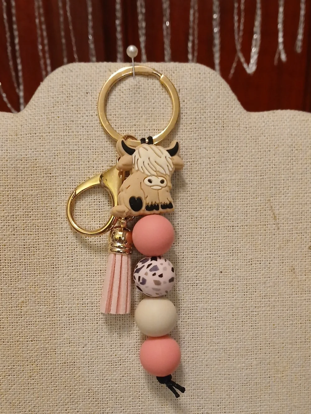 Highland Cow Pink Tassle Keychain Charm